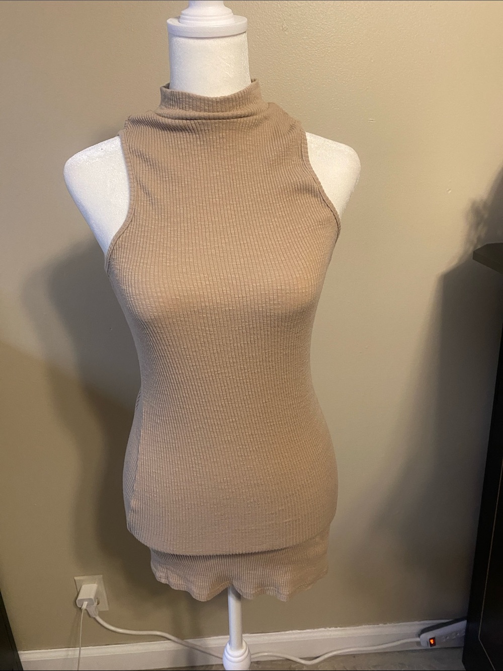 SHEIN Taupe Ribbed Sleeveless Maxi Dress